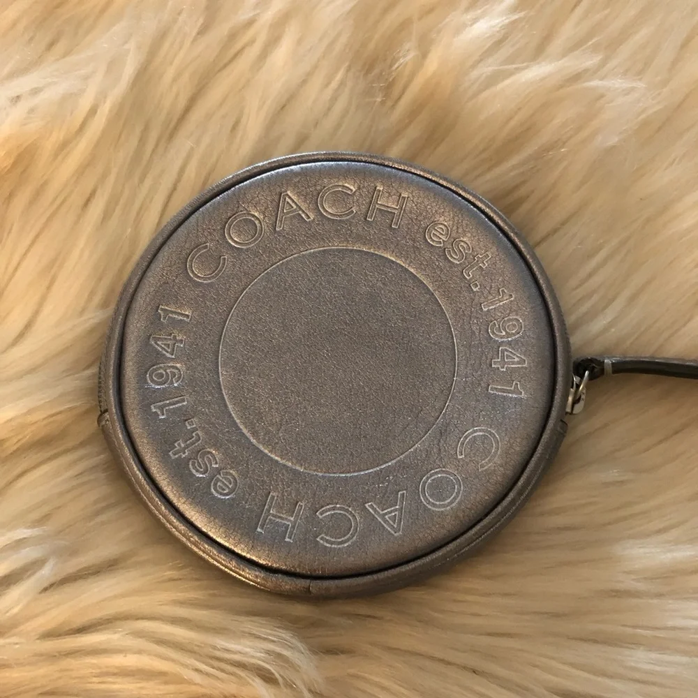 Coach silver metallic round zip coin pouch key ring bag charm